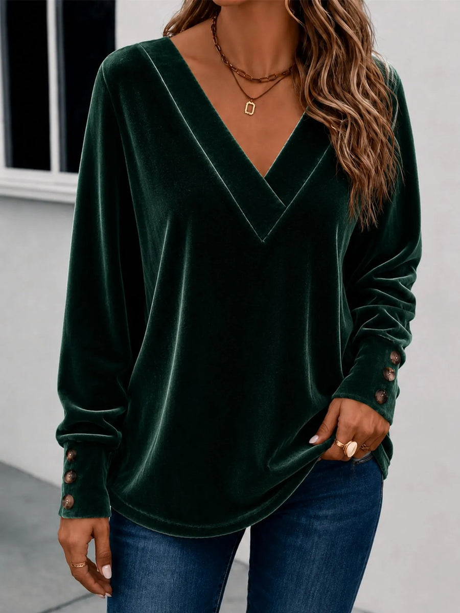 V-neck Velvet Long-sleeve Crop Top With Buttons