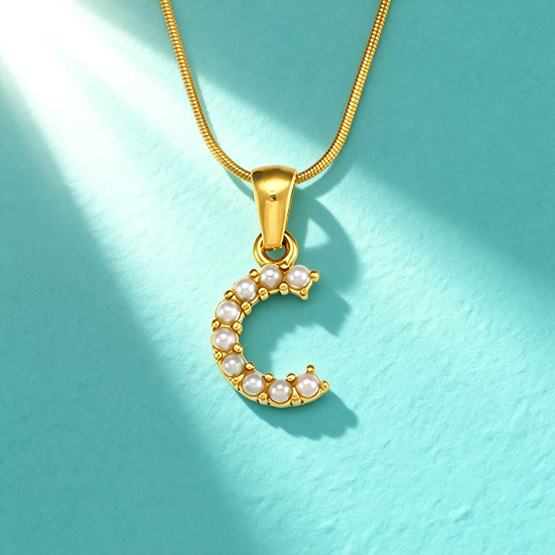18K Gold Pearl 26-Letter Necklace for Women