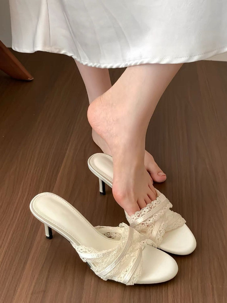 2026 New Hollow Out Satin Lace Ruffle Stiletto Sandals