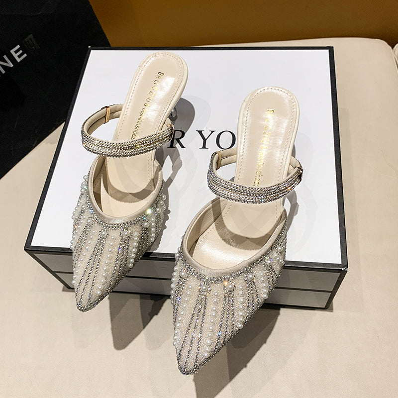 Women Pearl Rhinestone Pointed Toe High Heel Sandals