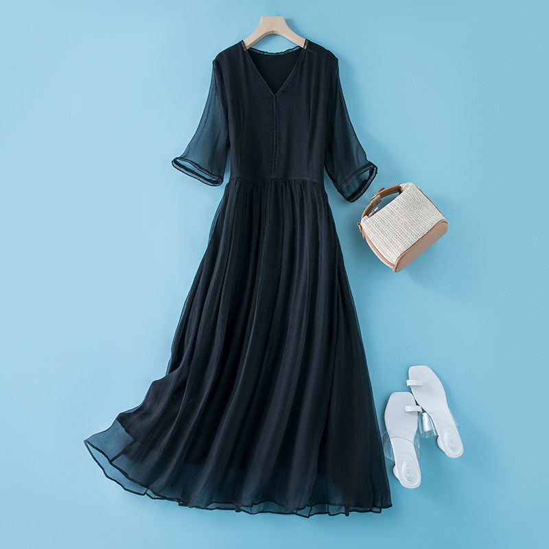 Womens Seven-Quarter-Sleeve Silk Dress - Effortless Elegance