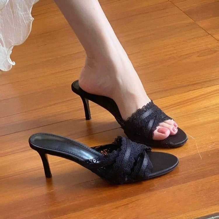 2026 New Hollow Out Satin Lace Ruffle Stiletto Sandals