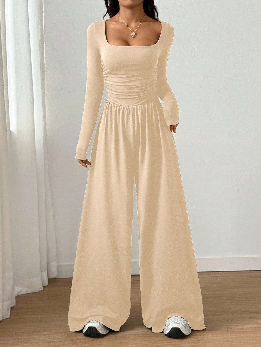 Long-sleeve Square-neck Casual Wide-leg Jumpsuit