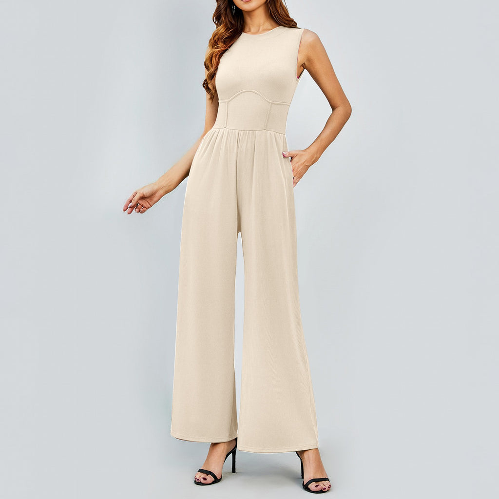 Womens Round-neck Solid-color Sleeveless Slim-fit Jumpsuit
