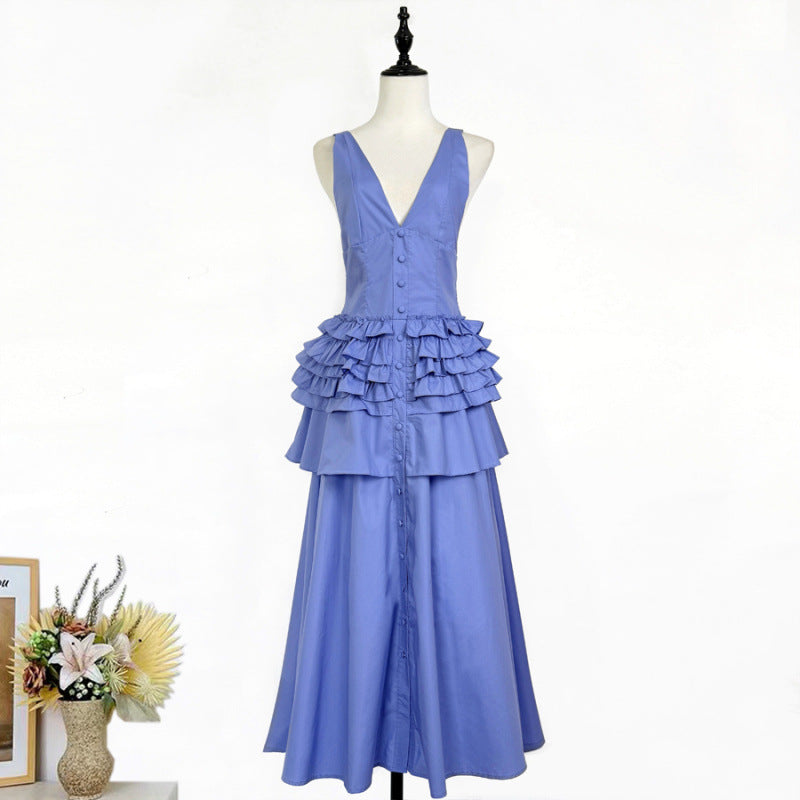 Retro Halter-neck Ruffled Tiered Midi Dress - Stylish Maxi Skirt