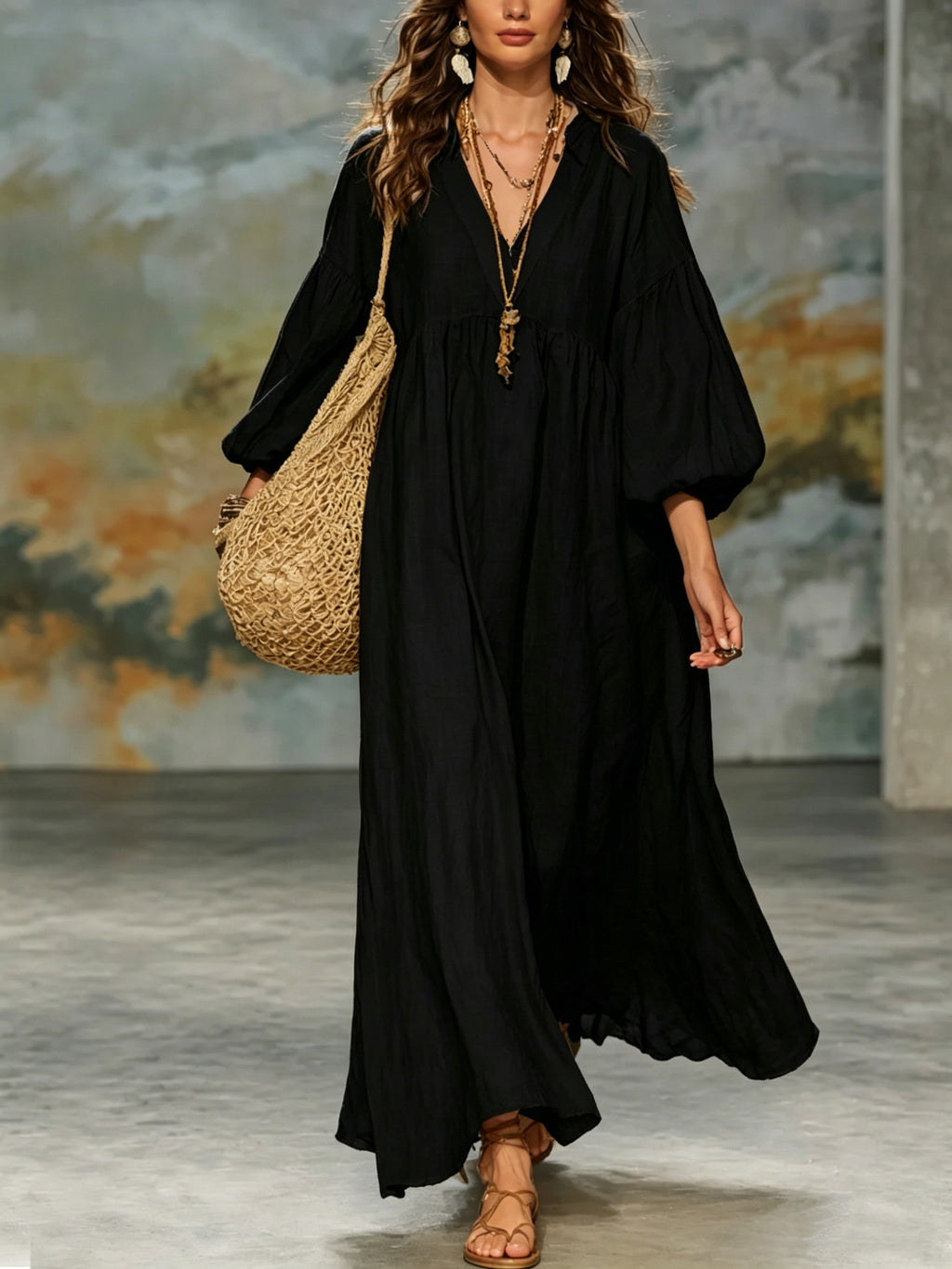 Deep-V Lantern-Sleeve Loose-Fit Flared Dress for Women