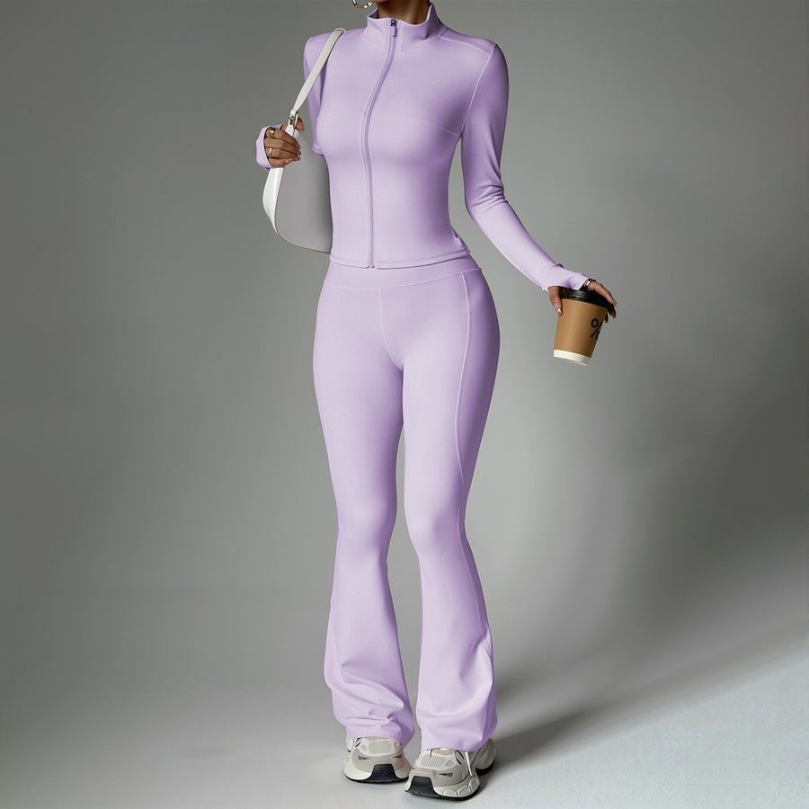 Womens Solid-Color Casual Sports Yoga Long-Sleeve Set