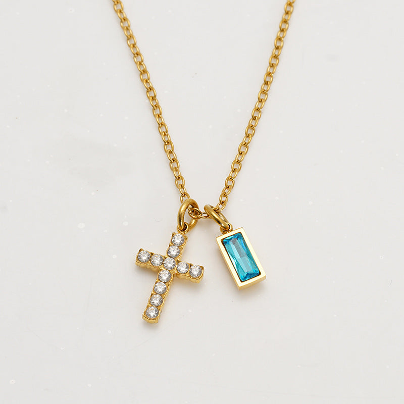 Minimalist Cross Choker Necklace with December Birthstone