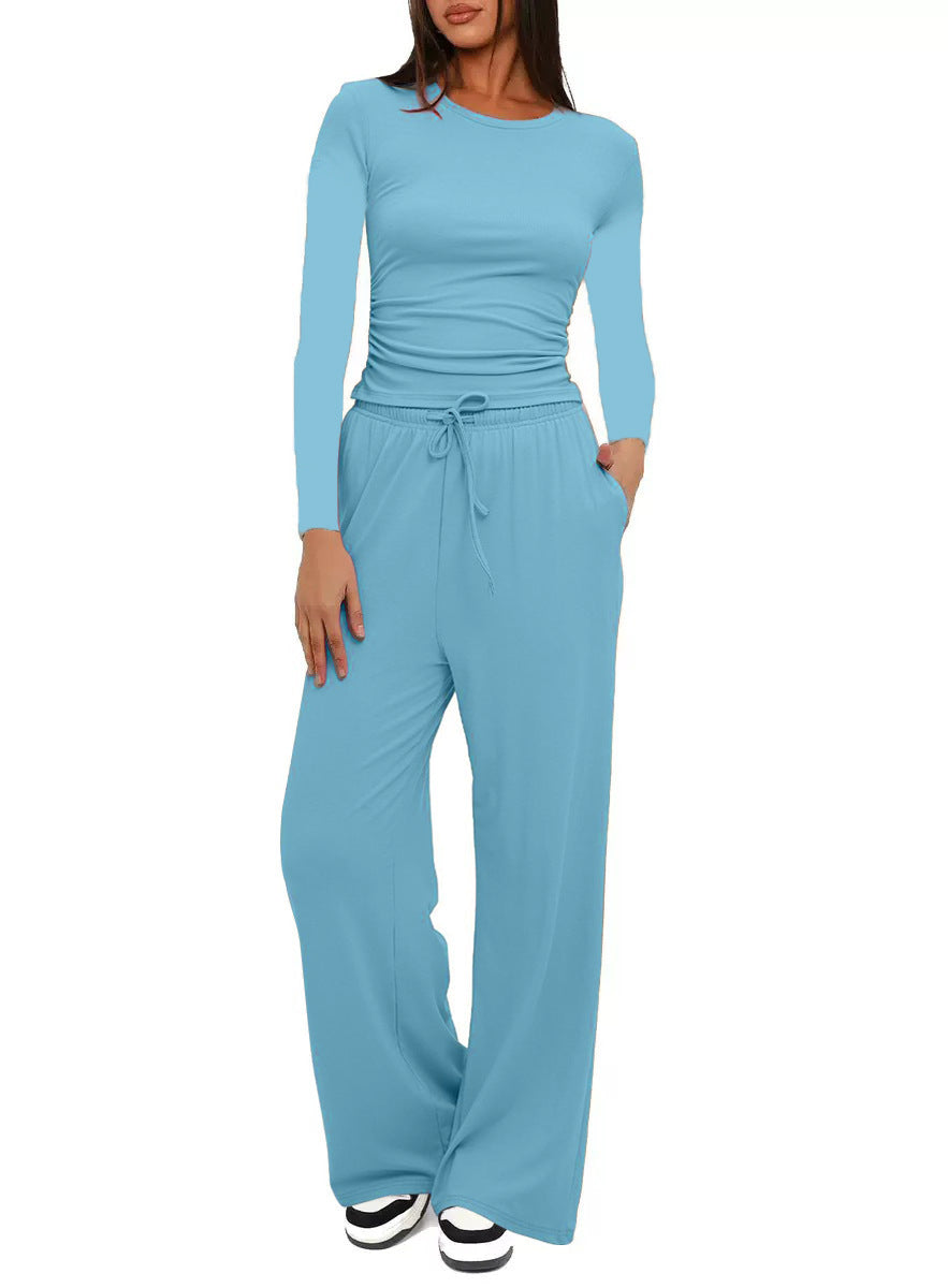 Solid-color Casual Long-sleeve Top & Wide Leg Pants Set