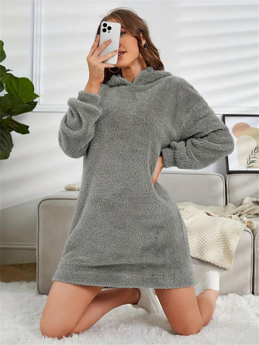 Womens Hooded Long-sleeve Plush Dress for Comfort