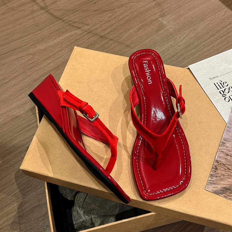 Women's French Square Toe Wedge Platform Thong Sandals