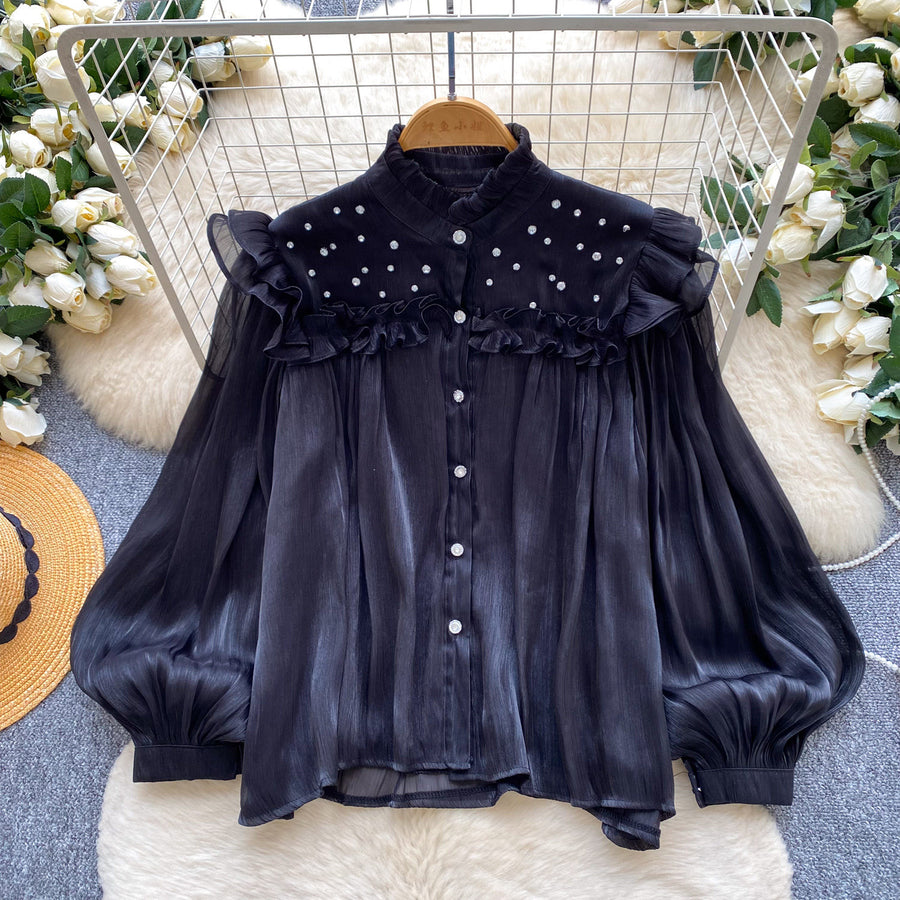 Commuter-style Yellow Ruffled Beaded Lantern-sleeve Blouse