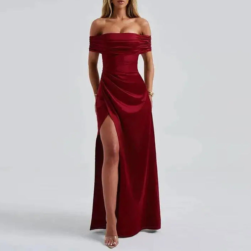 Elegant Waist-cinching Slim-fit Solid-color Long Dress