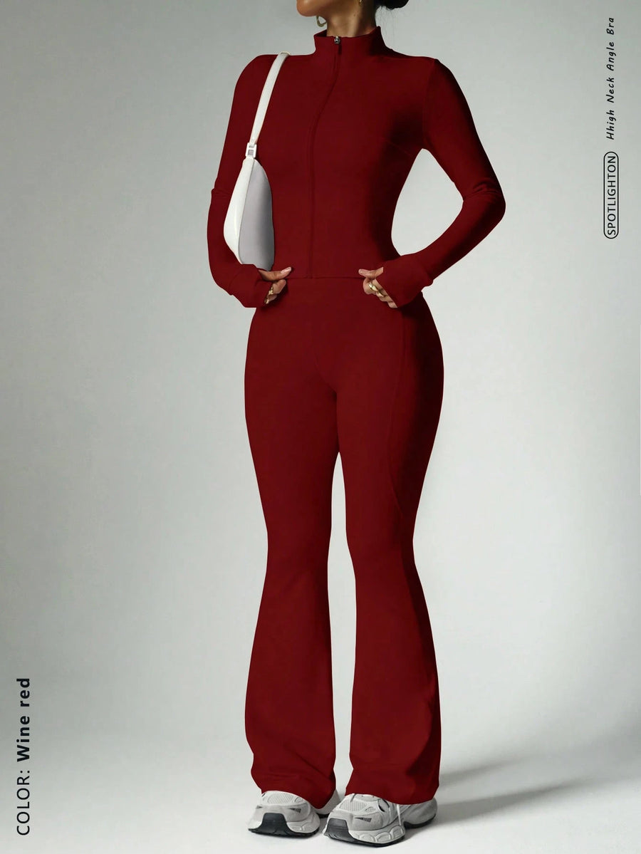 Womens Solid-Color Casual Sports Yoga Long-Sleeve Set