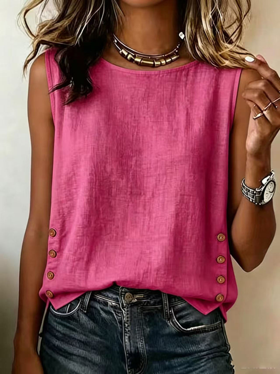 Womens Round-neck Casual Loose-fit Solid-color T-shirt