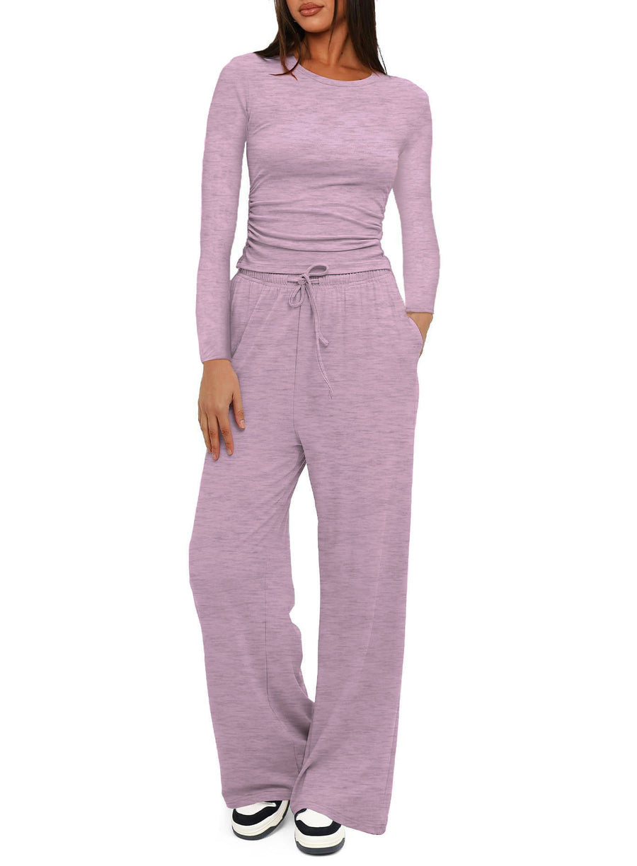 Solid-color Casual Long-sleeve Top & Wide Leg Pants Set
