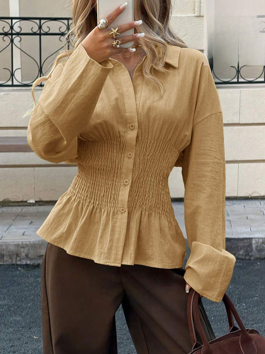 Elegant Solid-color Pleated Waist-cinching Blouse Top