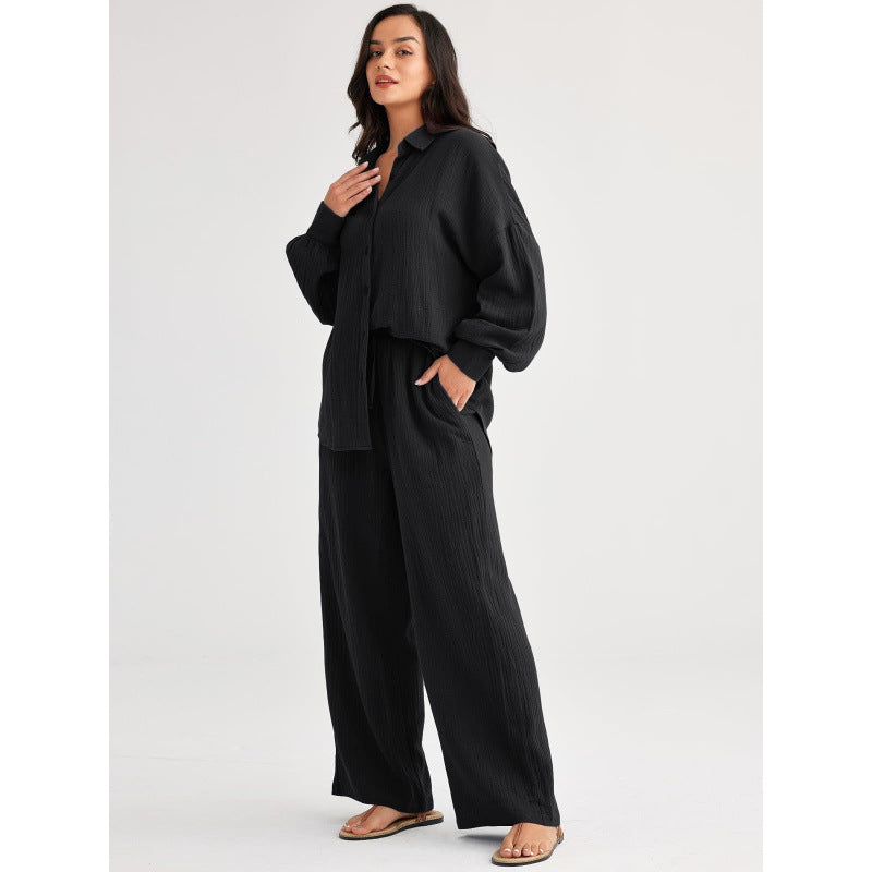 Womens Casual Top And Wide-leg Pants Two-piece Set