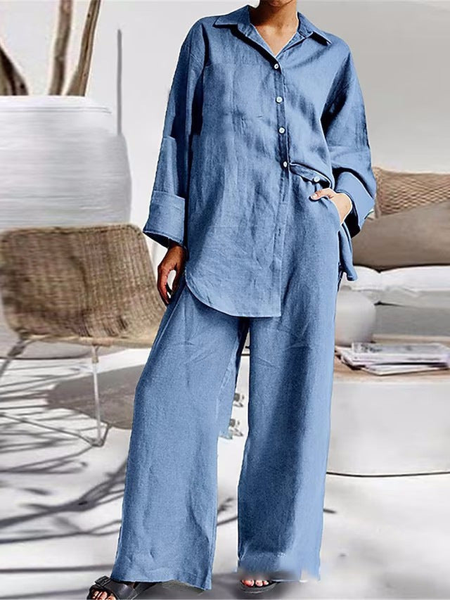 Long-sleeve Shirt and Fashionable Color Lounge Set