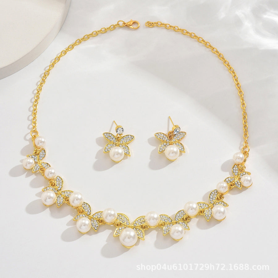 Gold Branch Vine Simulated Pearl Necklace Jewelry Set