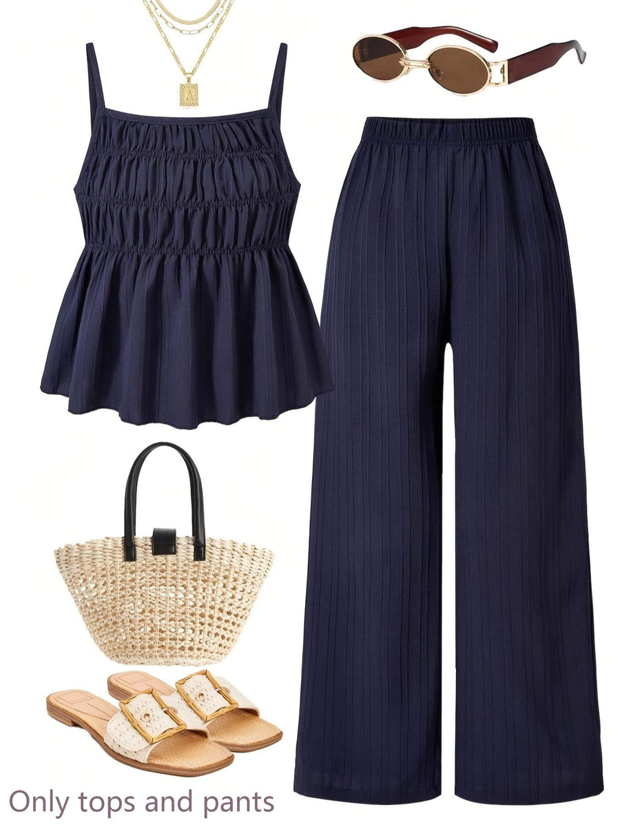 Casual Ruched-Texture Camisole and Wide-Leg Pants Set