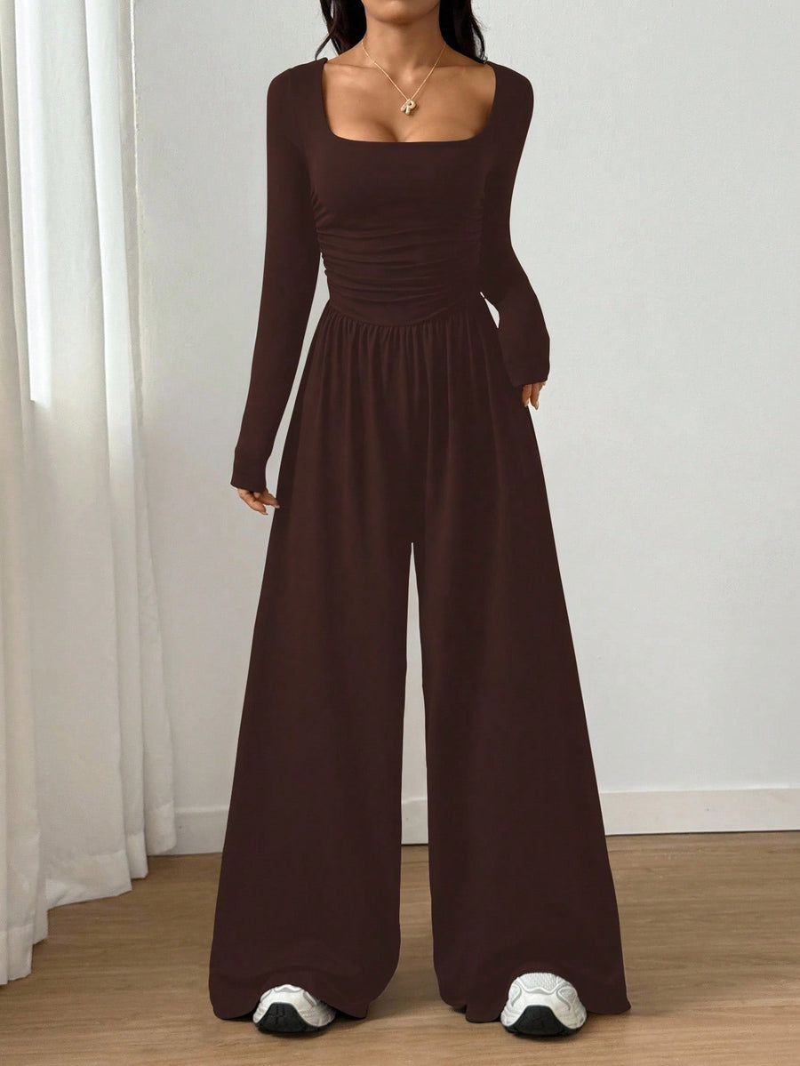 Long-sleeve Square-neck Casual Wide-leg Jumpsuit