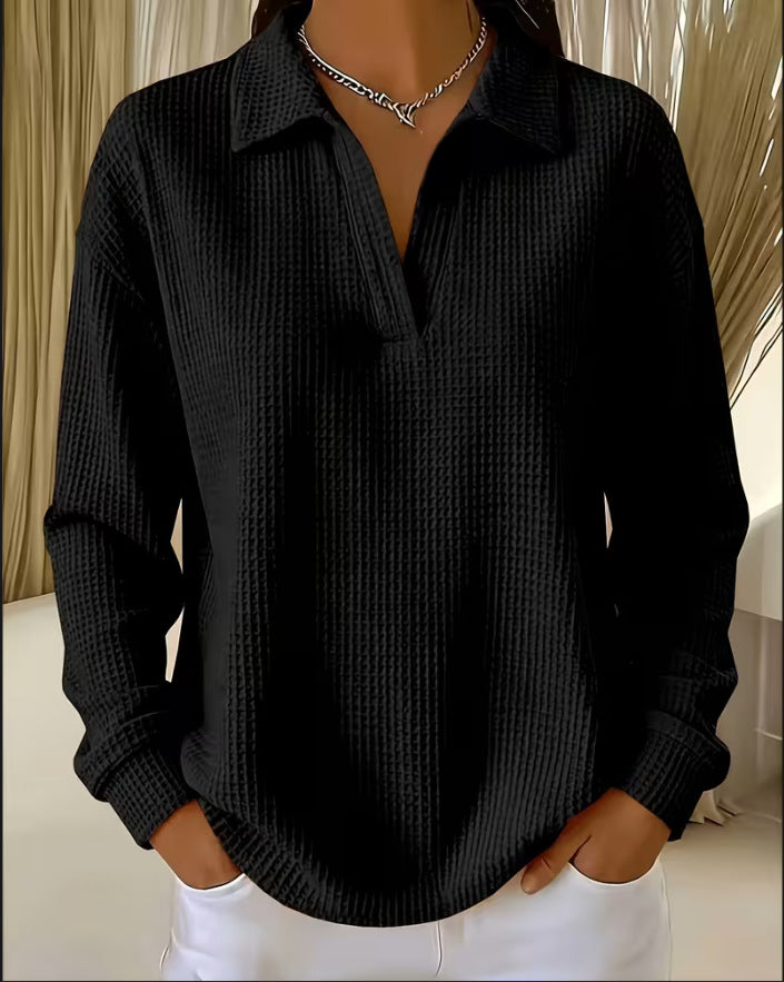 V-neck Waffle-knit Long-sleeve Plus-size Women's Top