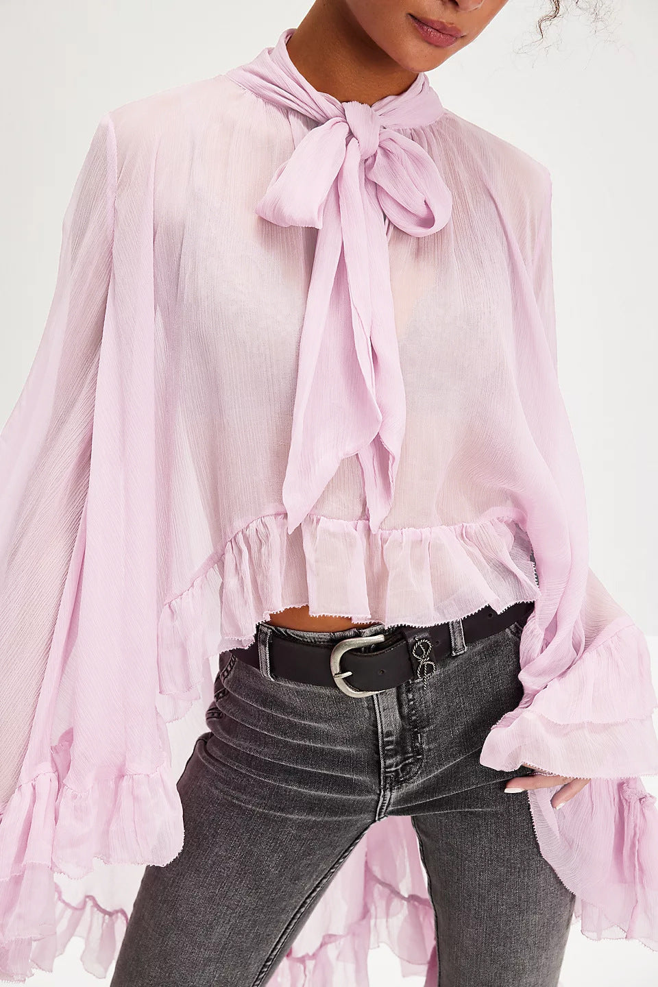 Puff-sleeve Designer-style French Lace-up Blouse