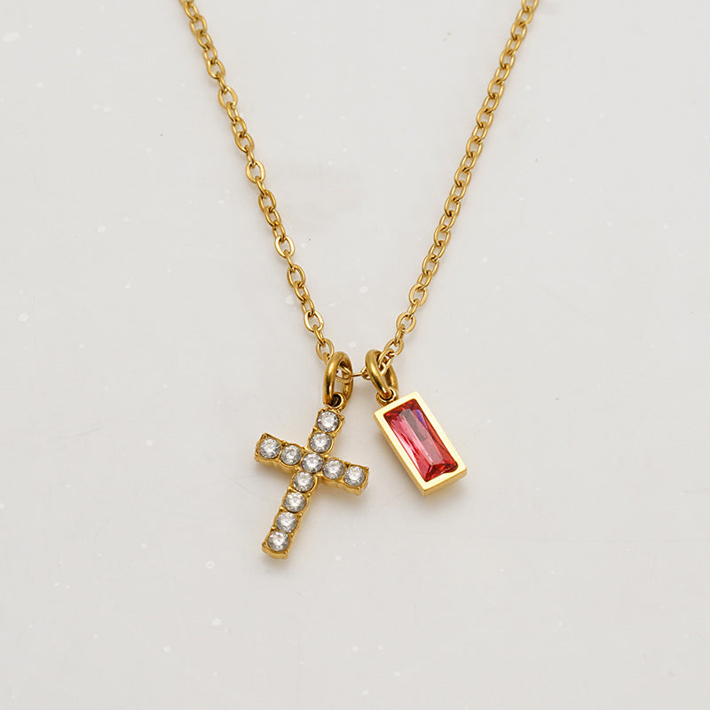 Minimalist Cross Choker Necklace with December Birthstone