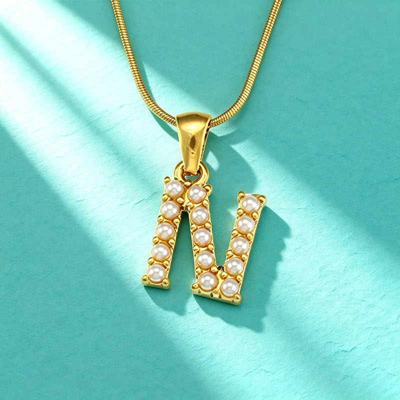 18K Gold Pearl 26-Letter Necklace for Women
