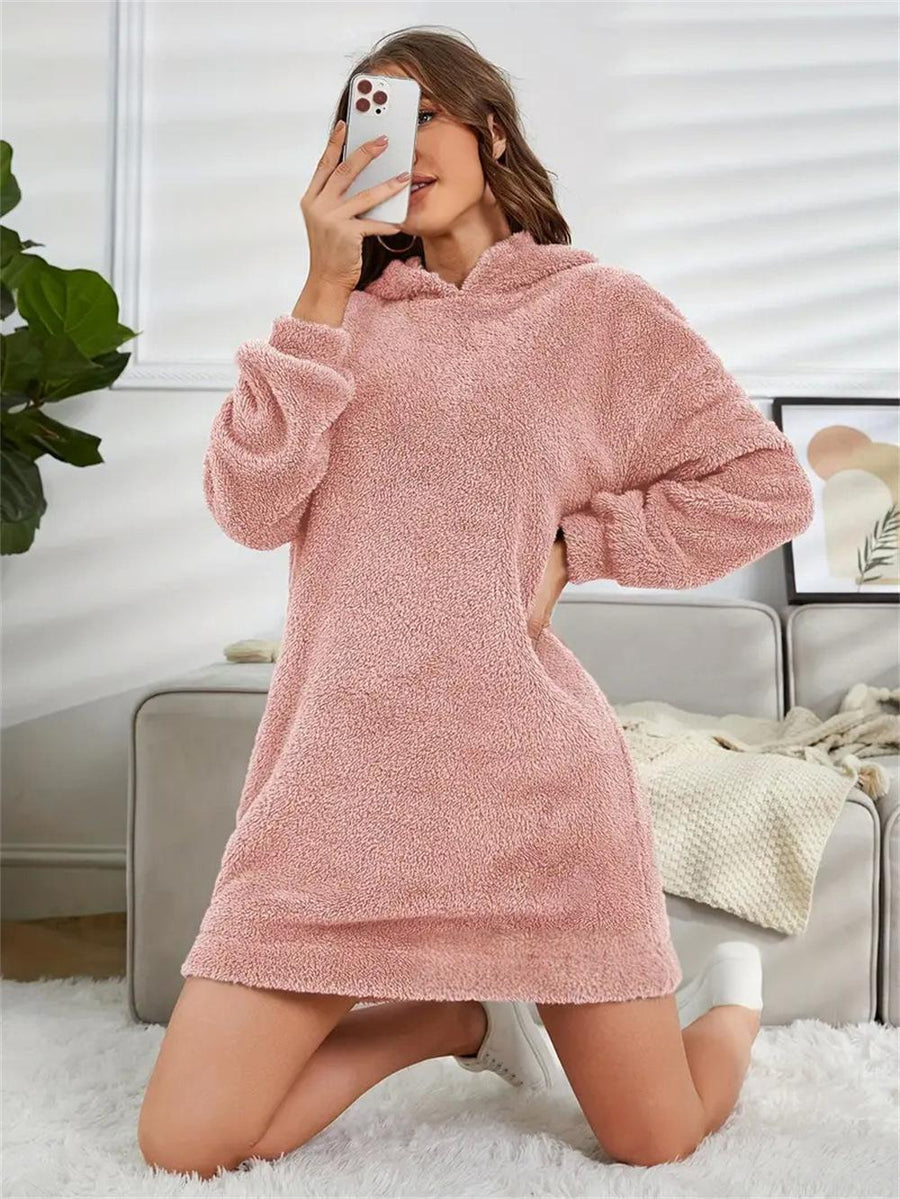 Womens Hooded Long-sleeve Plush Dress for Comfort