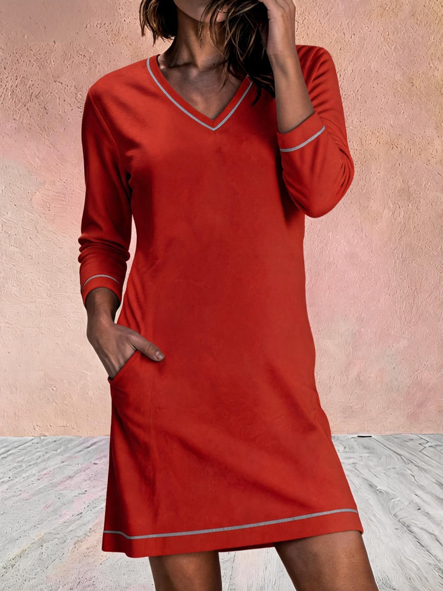 V-neck Sewn 78-sleeve Mini Dress for Effortless Style