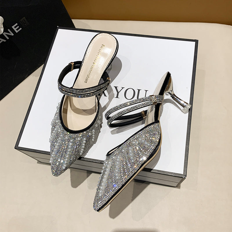 Women Pearl Rhinestone Pointed Toe High Heel Sandals