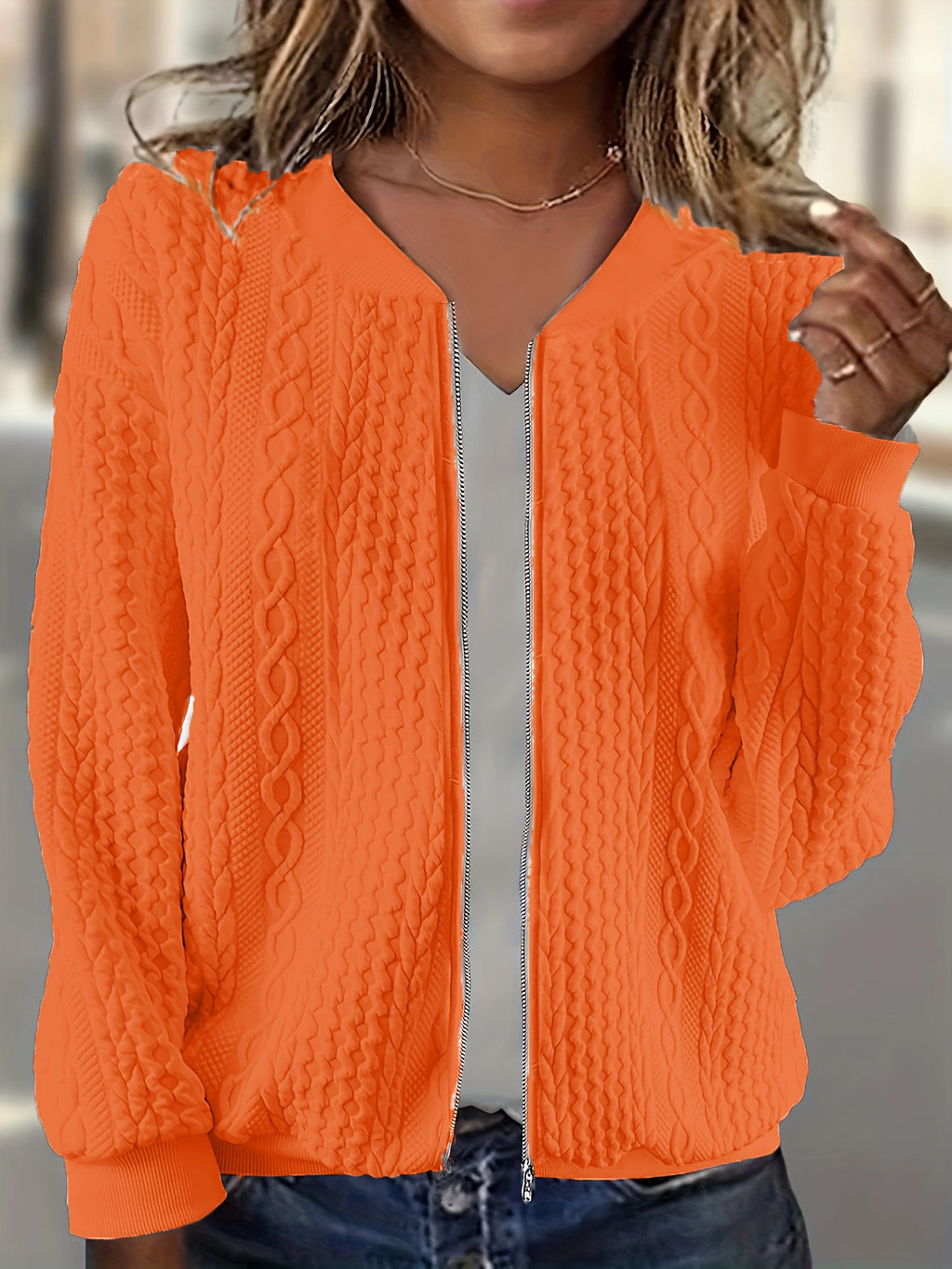 Womens Plus-size Zip-up Cable-knit Long-sleeve Jacket