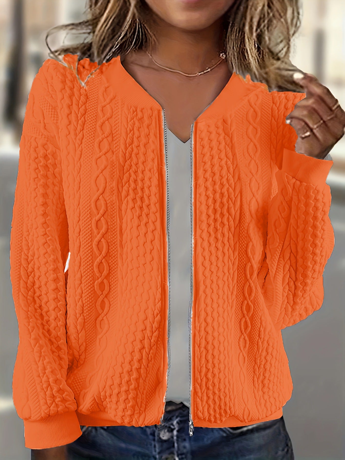 Womens Plus-size Zip-up Cable-knit Long-sleeve Jacket