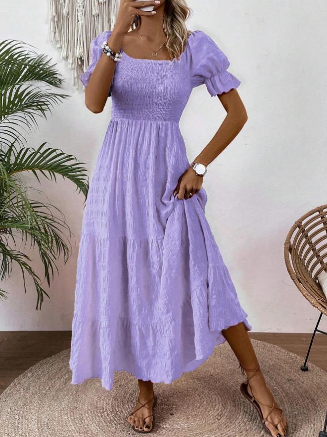 Square-neck Waist-cinched Elegant Short-sleeved Dress
