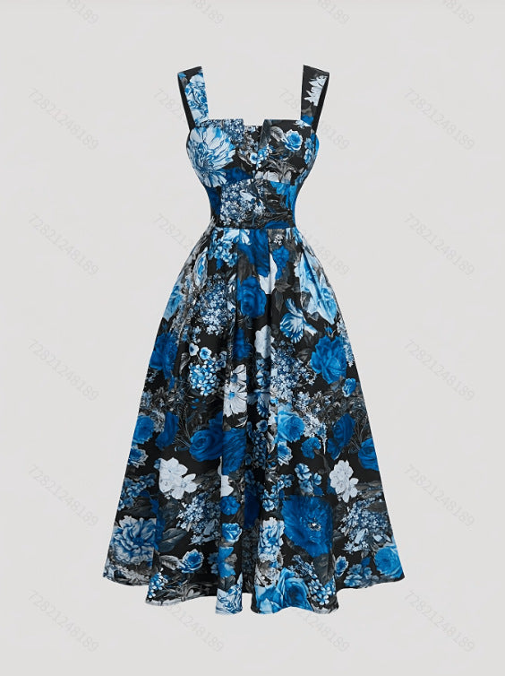 Elegant Long Cable-knit Dress with Floral Print