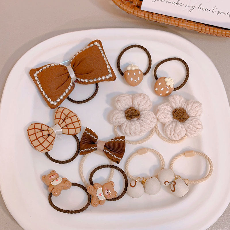 Milk Coffee Color Hair Ties for Girls - Floral Pattern Set