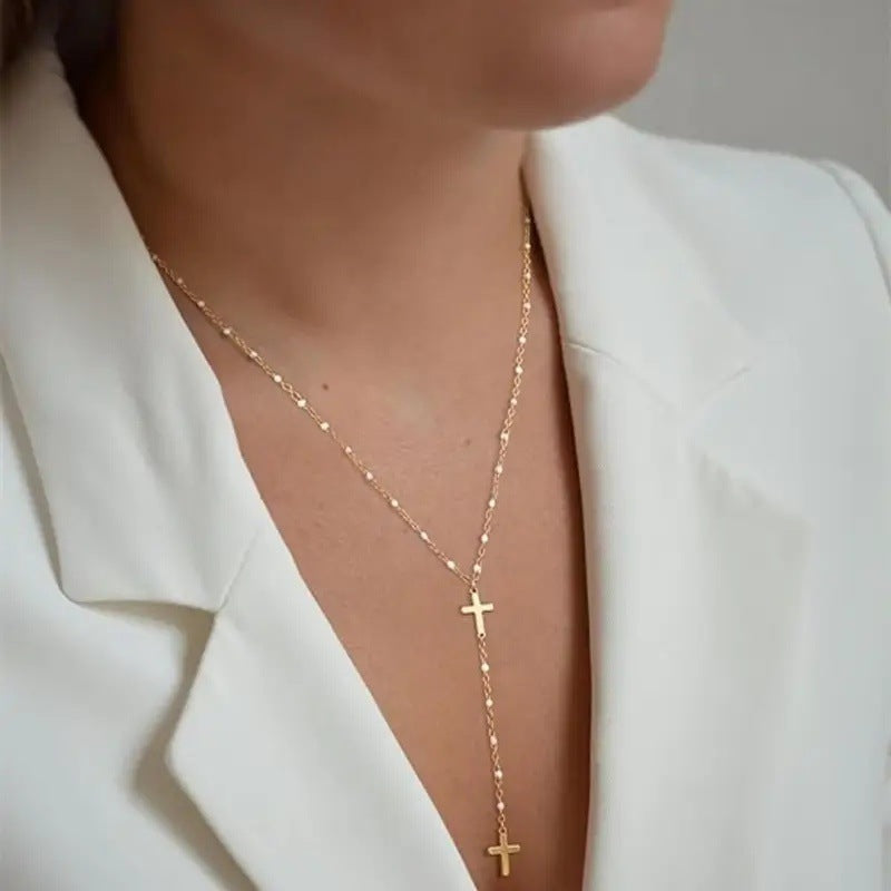 Versatile Pearl Chain Y-Shaped Cross Tassel Necklace