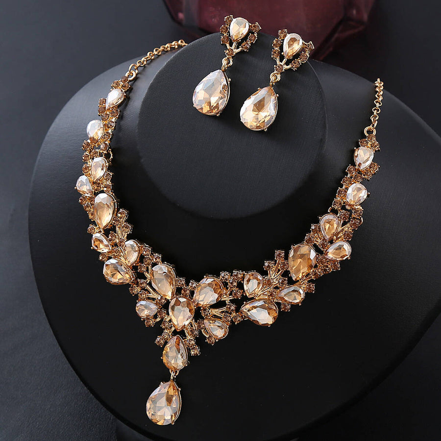 Exaggerated Rhinestone Bridal Necklace & Earring Set for Dress