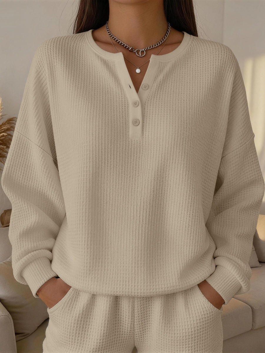 Fashionable Women's Waffle-Knit Solid-Color Pullover Top