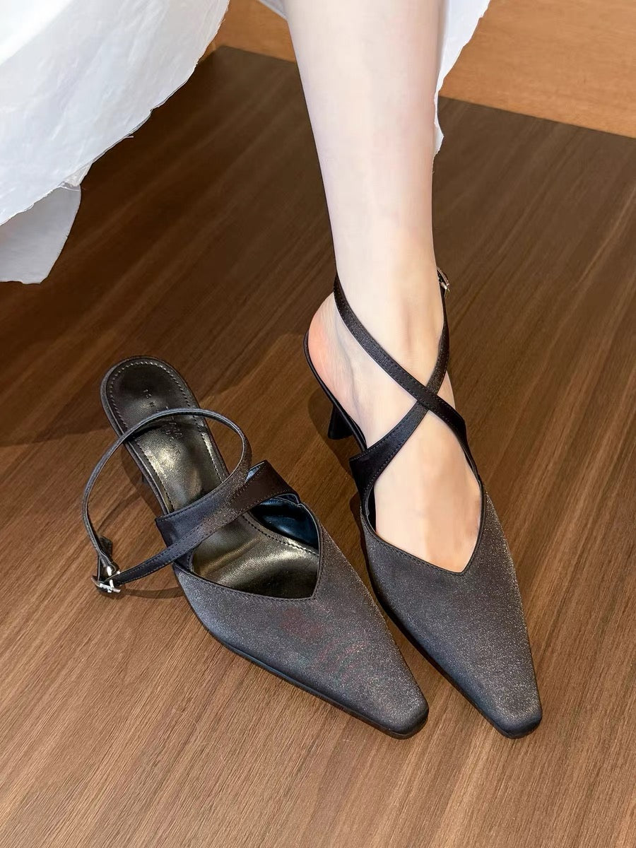 Women French Pointed Toe High Heels, Cross Strap Sandals