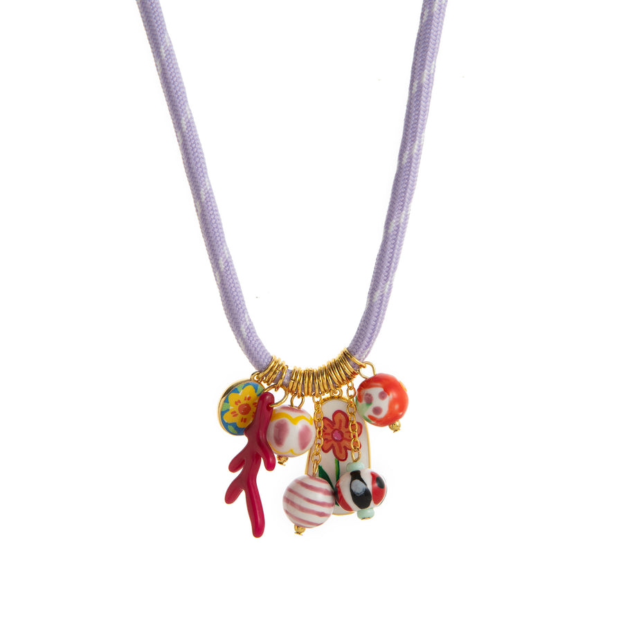 Colorful Flower and Shell Pendant Silk Scarf Necklace