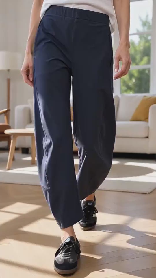 Women Barrel Curved Ankle Work Pants - Elastic High Waist