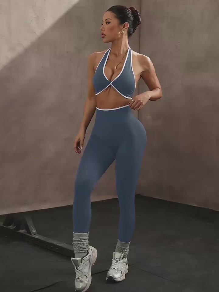 Seamless Color Block Yoga Outfit Set - Sports Bra & Pants